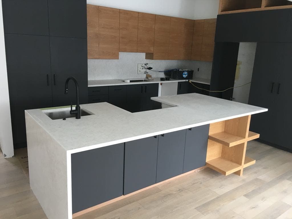Pearl Jasmine Quartz countertop — Compact kitchen refresh in North Kildonan, Winnipeg