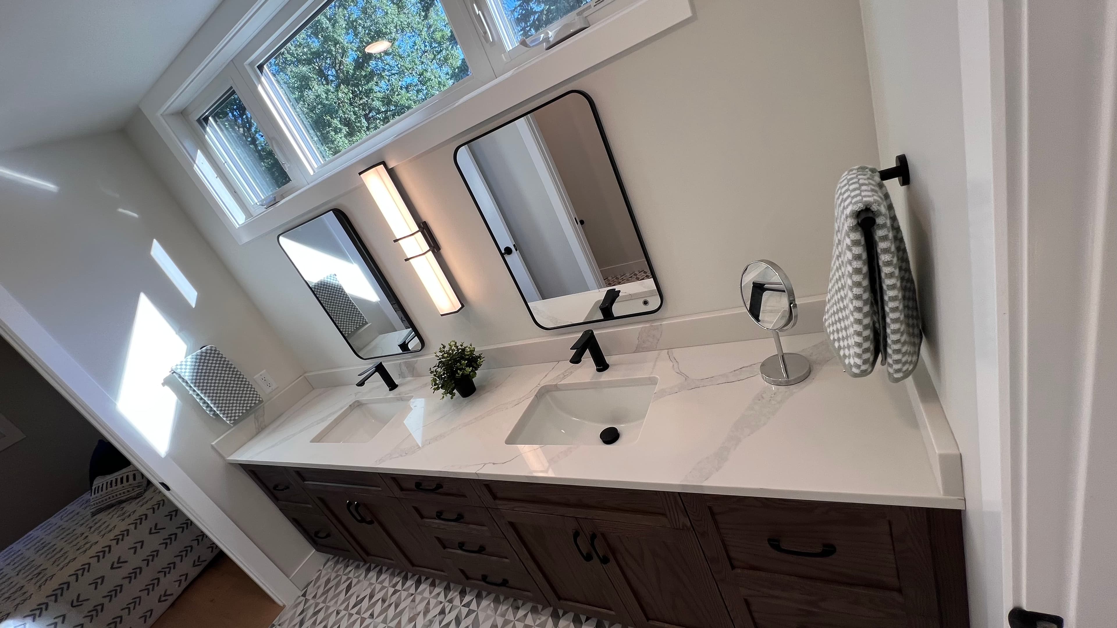 Carrara Mist Quartz countertop — Galley kitchen update in Fort Garry, Winnipeg